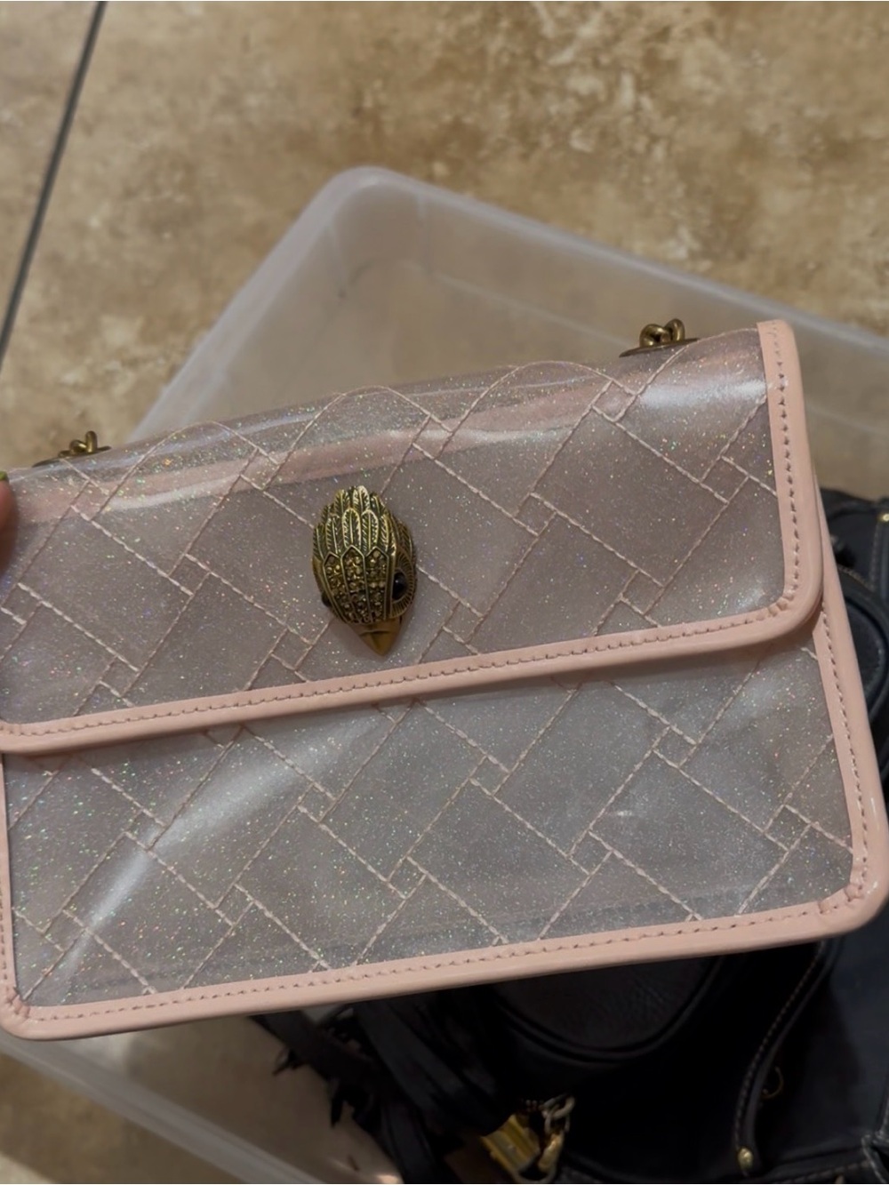 Kurt Geiger Glitter Quilted Light Pink Vinyl Crossbody with Gold Clasp